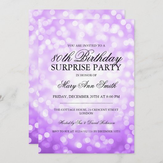 第80誕生会の紫色のグリッターライトを驚かして下さい 招待状 (正面/裏面)