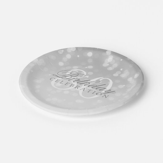 第80誕生会の銀の《写真》ぼけ味の輝きライト ペーパープレート (アングル)