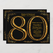 第80誕生会、80、素晴らしいGatsbyのblack&gold 招待状 (正面/裏面)