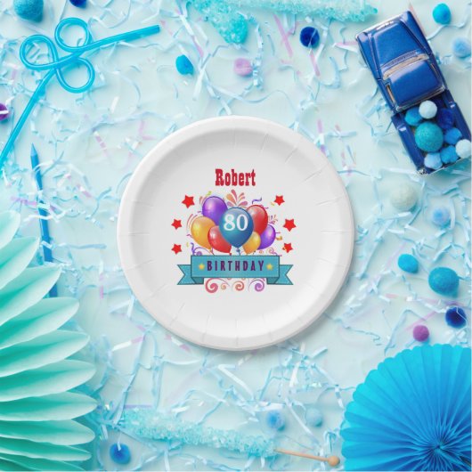 第80誕生日のお祝いのカラフルの気球C01HZ ペーパープレート (パーティー)