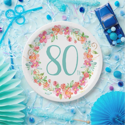 第80誕生日のかわいらしい水彩画の花のパーティー ペーパープレート (パーティー)
