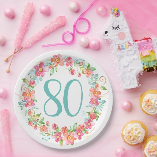 第80誕生日のかわいらしい水彩画の花のパーティー ペーパープレート (パーティー)
