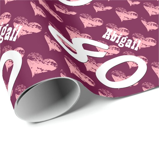 第80誕生日のピンクのハートの名前をカスタムするV33 ラッピングペーパー (ロールコーナー)