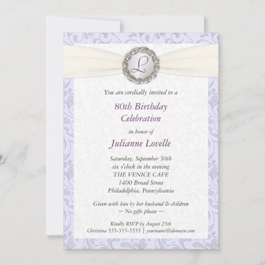 第80誕生日の写真の招待状のラベンダーのダマスク織 招待状 (裏面)