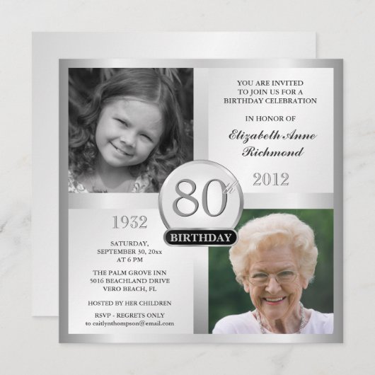 第80誕生日の招待状にそして及び今写真銀を着せて下さい 招待状 (正面/裏面)