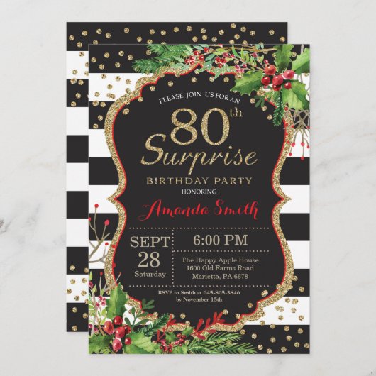 第80誕生日の招待状のクリスマスの金ゴールドを驚かして下さい 招待状 (正面/裏面)