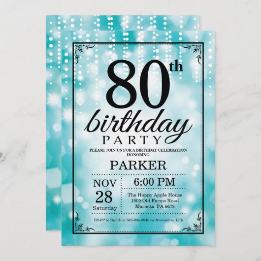 第80誕生日の招待状のティール（緑がかった色）のグリッター 招待状 (正面/裏面)