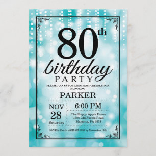 第80誕生日の招待状のティール(緑がかった色)のグリッター 招待状