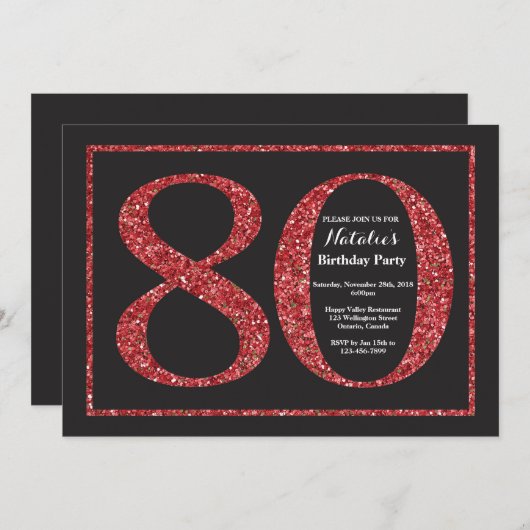 第80誕生日の招待状の赤いグリッターの黒板 招待状 (正面/裏面)