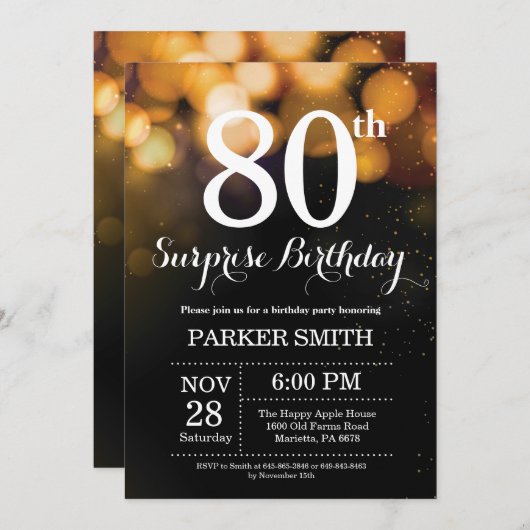 第80誕生日の招待状の金ゴールドのグリッターを驚かして下さい 招待状 (正面/裏面)