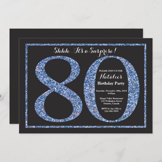 第80誕生日の招待状の青いグリッターを驚かして下さい 招待状 (正面/裏面)