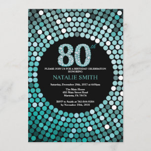第80誕生日の招待状の黒およびティール（緑がかった色）のグリッター 招待状