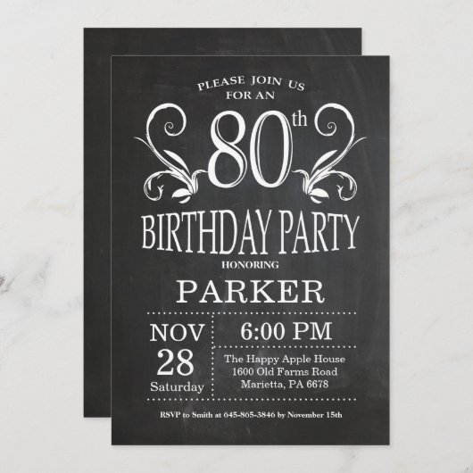 第80誕生日の招待状の黒板の花柄 招待状 (正面/裏面)