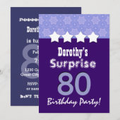 第80誕生日の紫色の星V02を驚かして下さい 招待状 (正面/裏面)