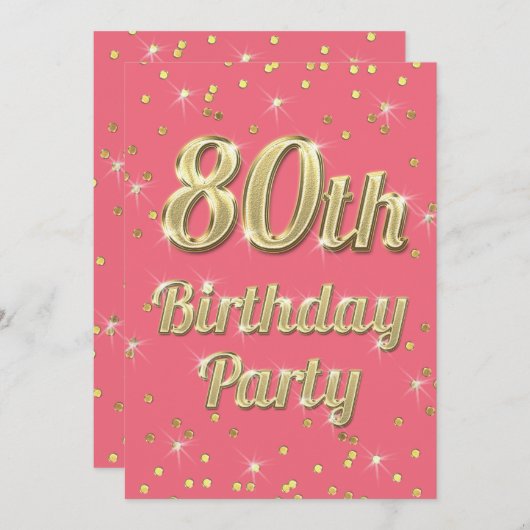 第80誕生日の金ゴールドのきらきら光るなタイポグラフィの紙吹雪のピンク 招待状 (正面/裏面)
