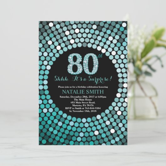 第80誕生日の黒およびティール(緑がかった色)のグリッターを驚かして下さい 招待状 (スタンド正面)