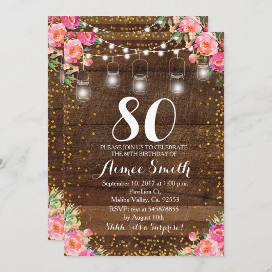 第80誕生日のBohoの花柄の誕生日 招待状 (正面/裏面)
