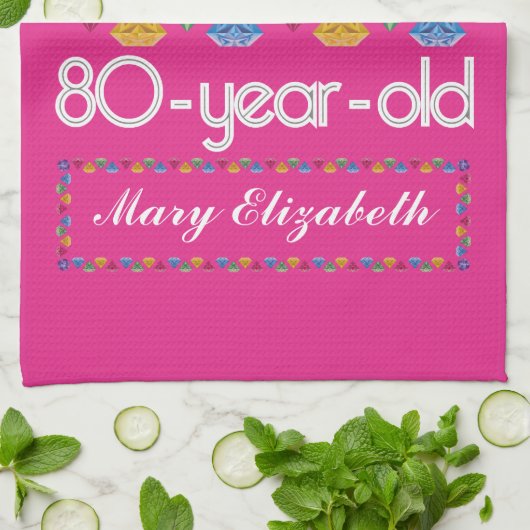 第80誕生日ほとんどのすばらしくカラフルな宝石のピンク キッチンタオル (折り畳み)