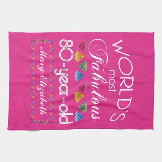第80誕生日ほとんどのすばらしくカラフルな宝石のピンク キッチンタオル (横)