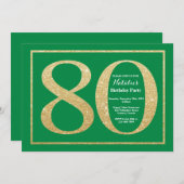 第80誕生日グリーン&金ゴールドグリッター 招待状 (正面/裏面)