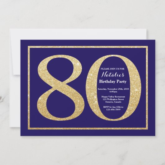 第80誕生日ネービーブルー&金ゴールドグリッター 招待状 (正面)