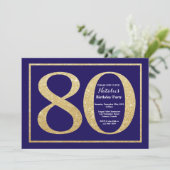 第80誕生日ネービーブルー&金ゴールドグリッター 招待状 (スタンド正面)