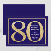 第80誕生日ネービーブルー&金ゴールドグリッター 招待状 (正面/裏面)