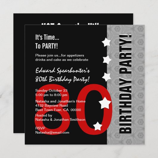第80誕生日モダンで赤い銀製の黒くおもしろいなD845F 招待状 (正面/裏面)