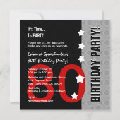 第80誕生日モダンで赤い銀製の黒くおもしろいなD845F 招待状 (正面)