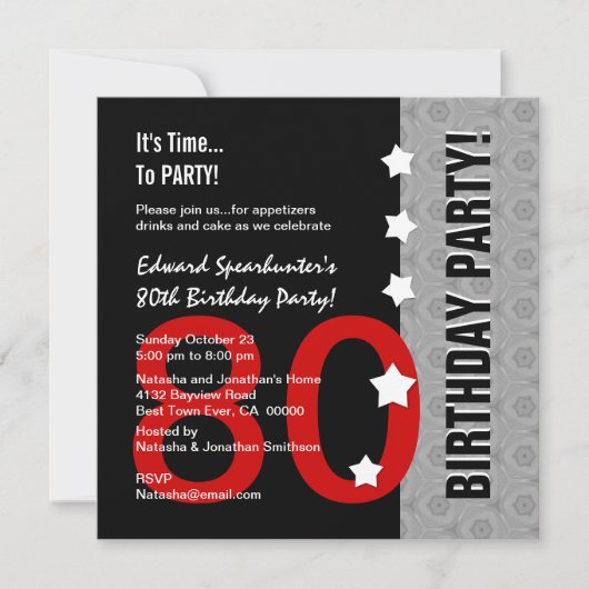 第80誕生日モダンで赤い銀製の黒くおもしろいなD845F 招待状 (正面)