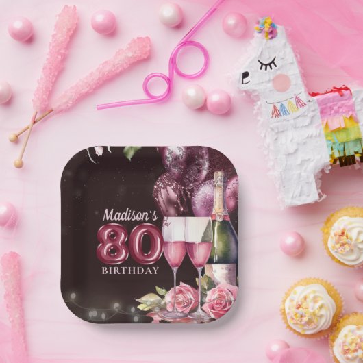 第80誕生日ワイン&バルーンパーソナライズされた ペーパープレート (パーティー)