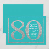 第80誕生日招待状ティール（緑がかった色）及び銀グリッター 招待状 (正面/裏面)