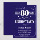 第80誕生日招待状ネイビーブルーアンドホワイト 招待状 (正面/裏面)