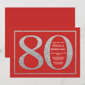 第80誕生日招待状レッドアンドシルバーグリッター 招待状 (正面/裏面)