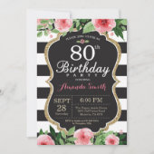 第80誕生日招待状女性。フローラ金ゴールド黒 招待状 (正面)