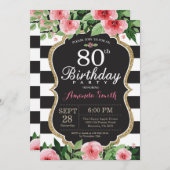 第80誕生日招待状女性。フローラ金ゴールド黒 招待状 (正面/裏面)