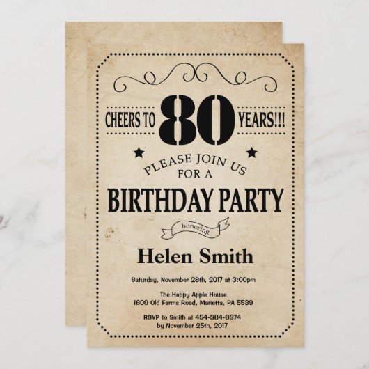 第80誕生日招待状素朴ヴィンテージレトロ 招待状 (正面/裏面)