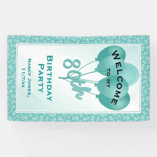 第80誕生日数パターンを-ティール（緑がかった色）か白歓迎して下さい 横断幕 (横)