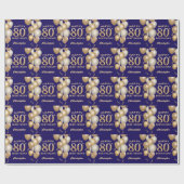 第80誕生日海軍青と金ゴールドグリッター気球 ラッピングペーパー (フラット)
