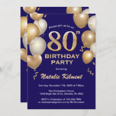 第80誕生日海軍青と金ゴールドグリッター気球 招待状 (正面/裏面)