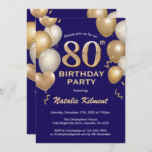 第80誕生日海軍青と金ゴールドグリッター気球 招待状 (正面/裏面)