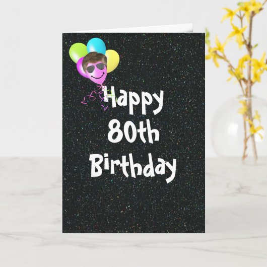 第80誕生日風船(アビエーターサングラス付) カード (黄色い花)