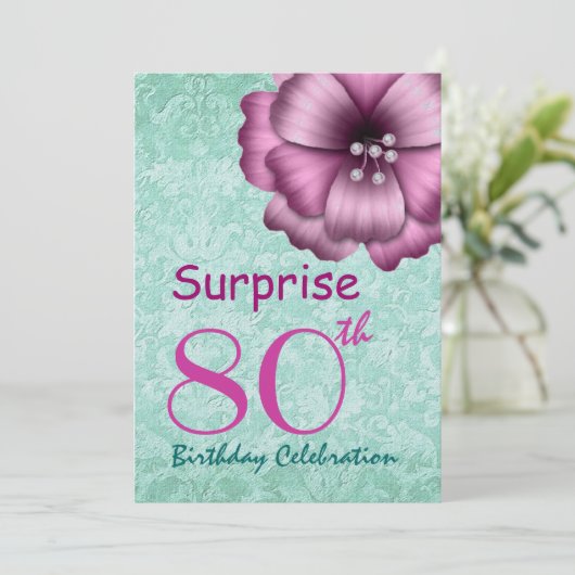 第80驚きの誕生会のピンクの花の弓 招待状 (スタンド正面)