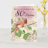 第80鳥および花が付いているバースデー・カード カード (黄色い花)