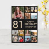 第81誕生日フォトコラージュ13枚写真ブラック&金ゴールド カード (黄色い花)