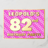 第82回バースデーパーティー – おもしろいピンクのハートとストライプ 箔招待状 (正面)
