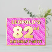 第82回バースデーパーティー – おもしろいピンクのハートとストライプ 箔招待状 (立ち正面)