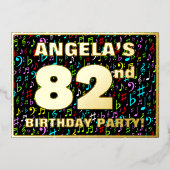 第82回バースデーパーティー – おもしろい、カラフル音楽シンボル 箔招待状 (正面)