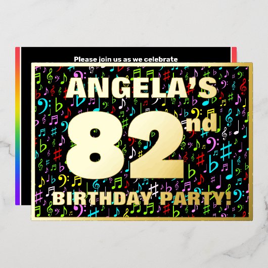第82回バースデーパーティー – おもしろい、カラフル音楽シンボル 箔招待状 (正面/裏面)