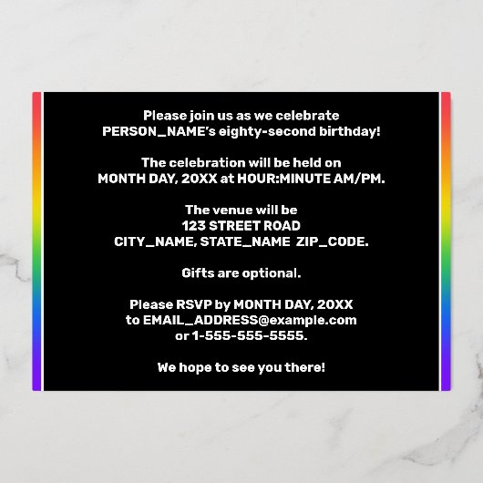 第82回バースデーパーティー – おもしろい、カラフル音楽シンボル 箔招待状 (裏面)